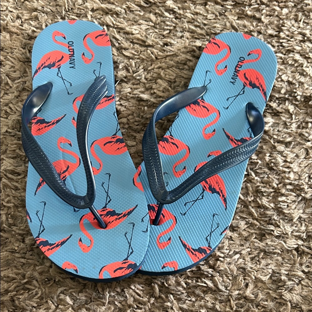 Old Navy Blue Flip Flops with Red Flamingos